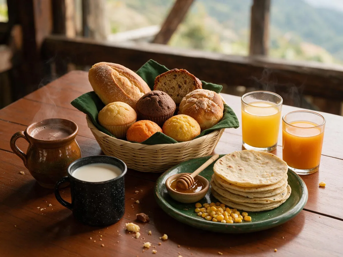 Basket of breads, magdalenas, banana bread, tortillas and hot drinks