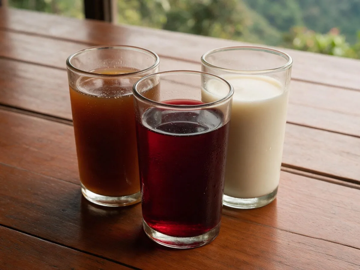 Glasses of tamarind fresco, hibiscus fresco and horchata
