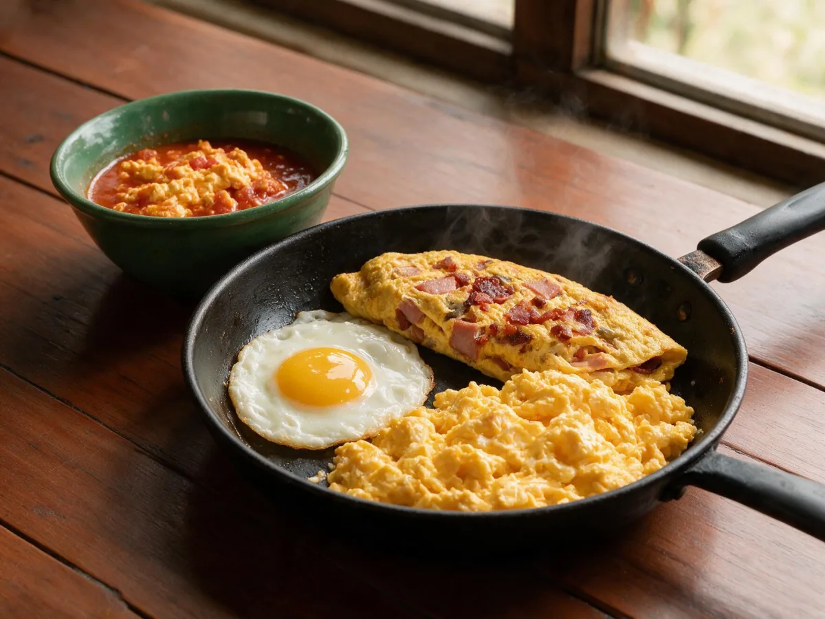 Fried eggs, scrambled eggs and an omelet served in a cast-iron skillet