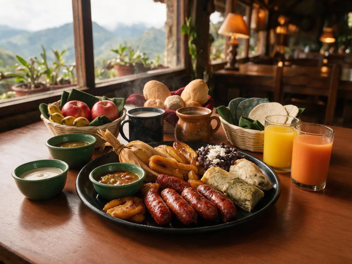 Chorizos, plantains, beans, tamalitos and sauces from the Guatemalan breakfast station