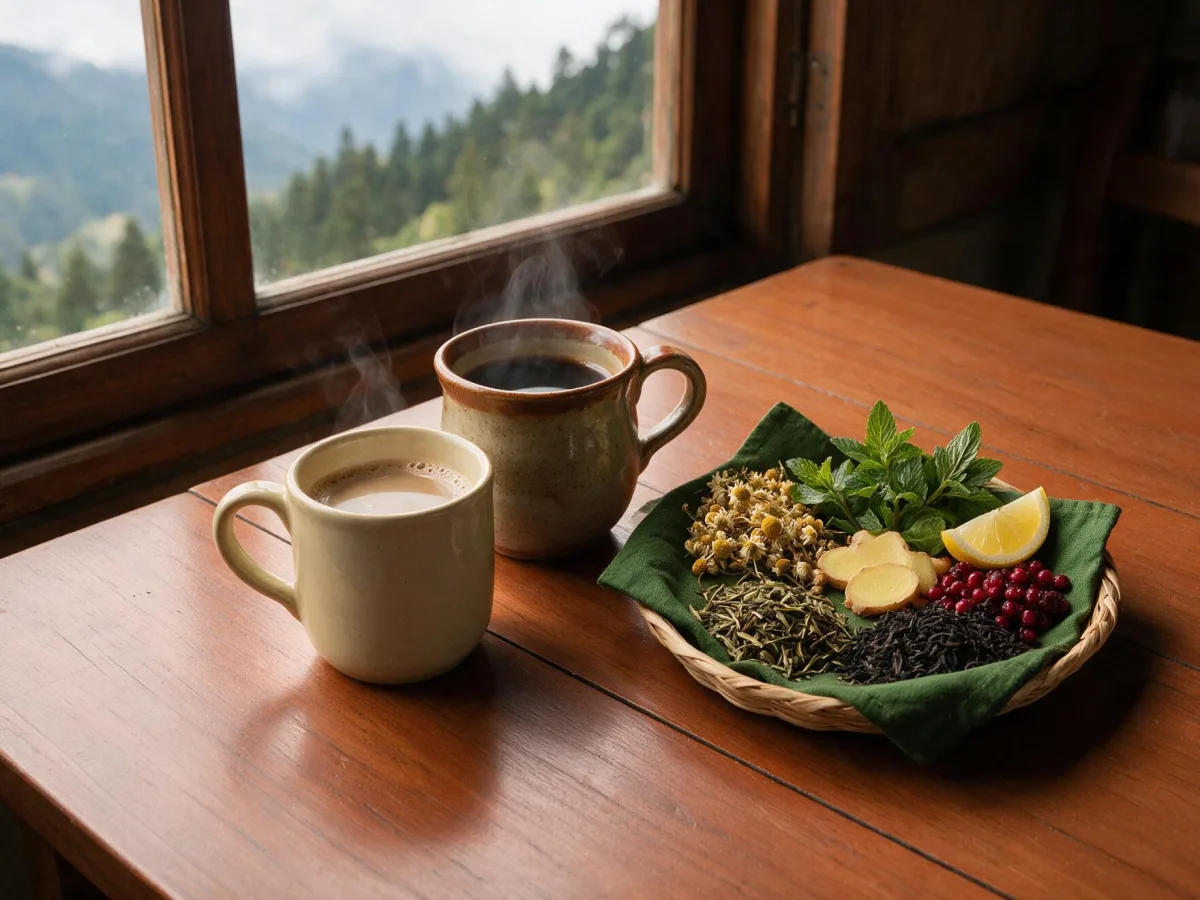 Coffee and hot teas with herbs, ginger, lemon and berries