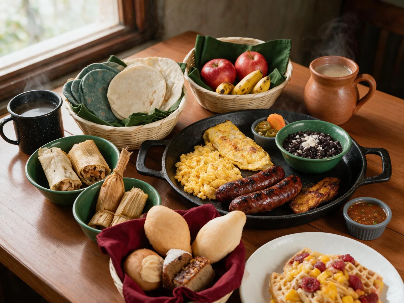 Breakfast buffet table with eggs, chorizo, tamalitos, fruit, bread and hot drinks