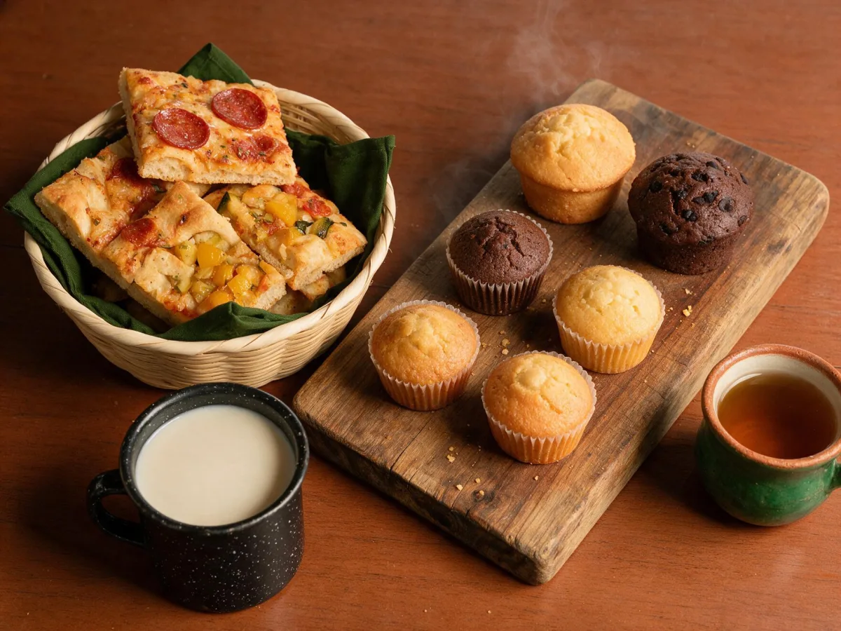 Pepperoni focaccia, vegetable focaccia and artisan muffins on a wooden board