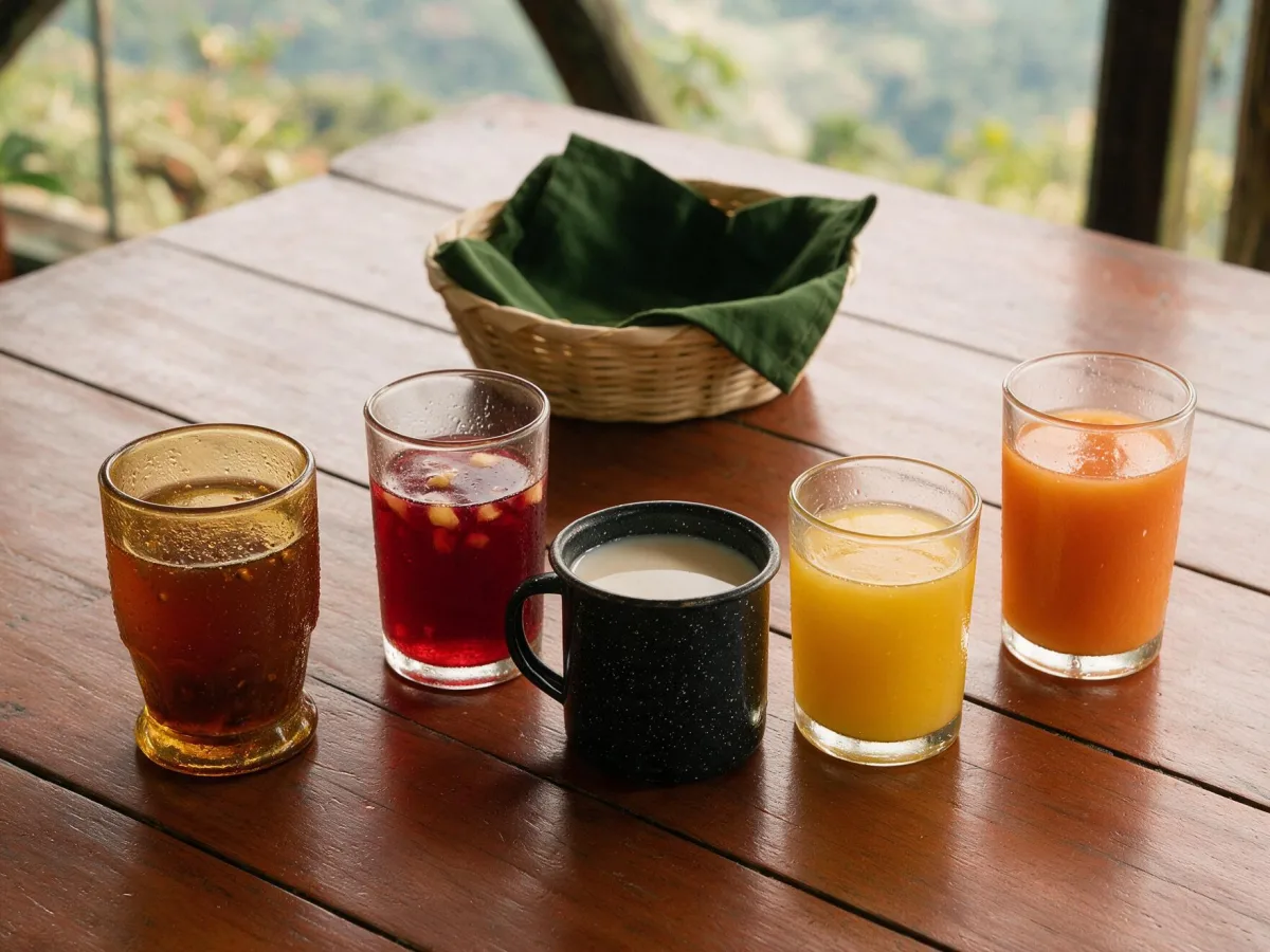 Glasses of tamarind, hibiscus, horchata and fruit juices