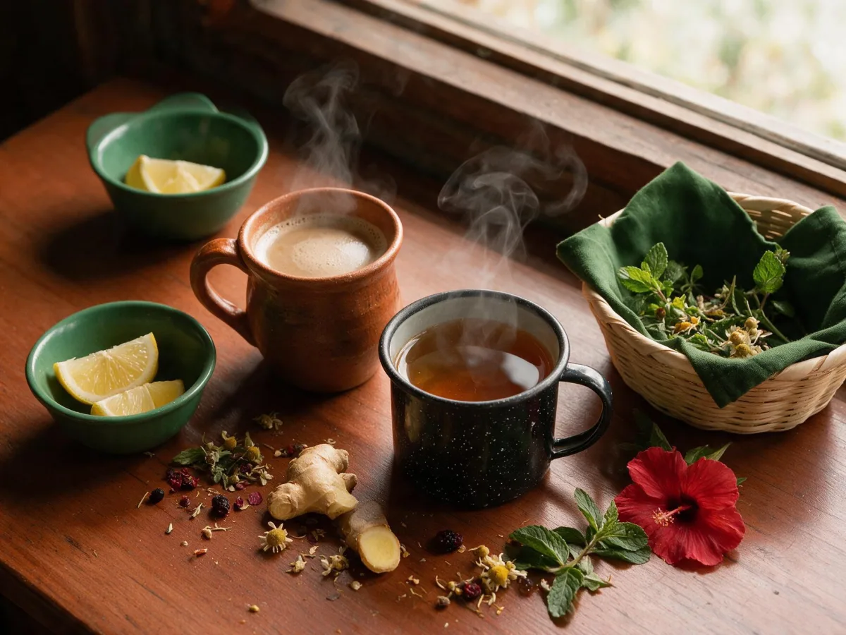 Hot coffee and teas with ginger, lemon, mint and chamomile flowers