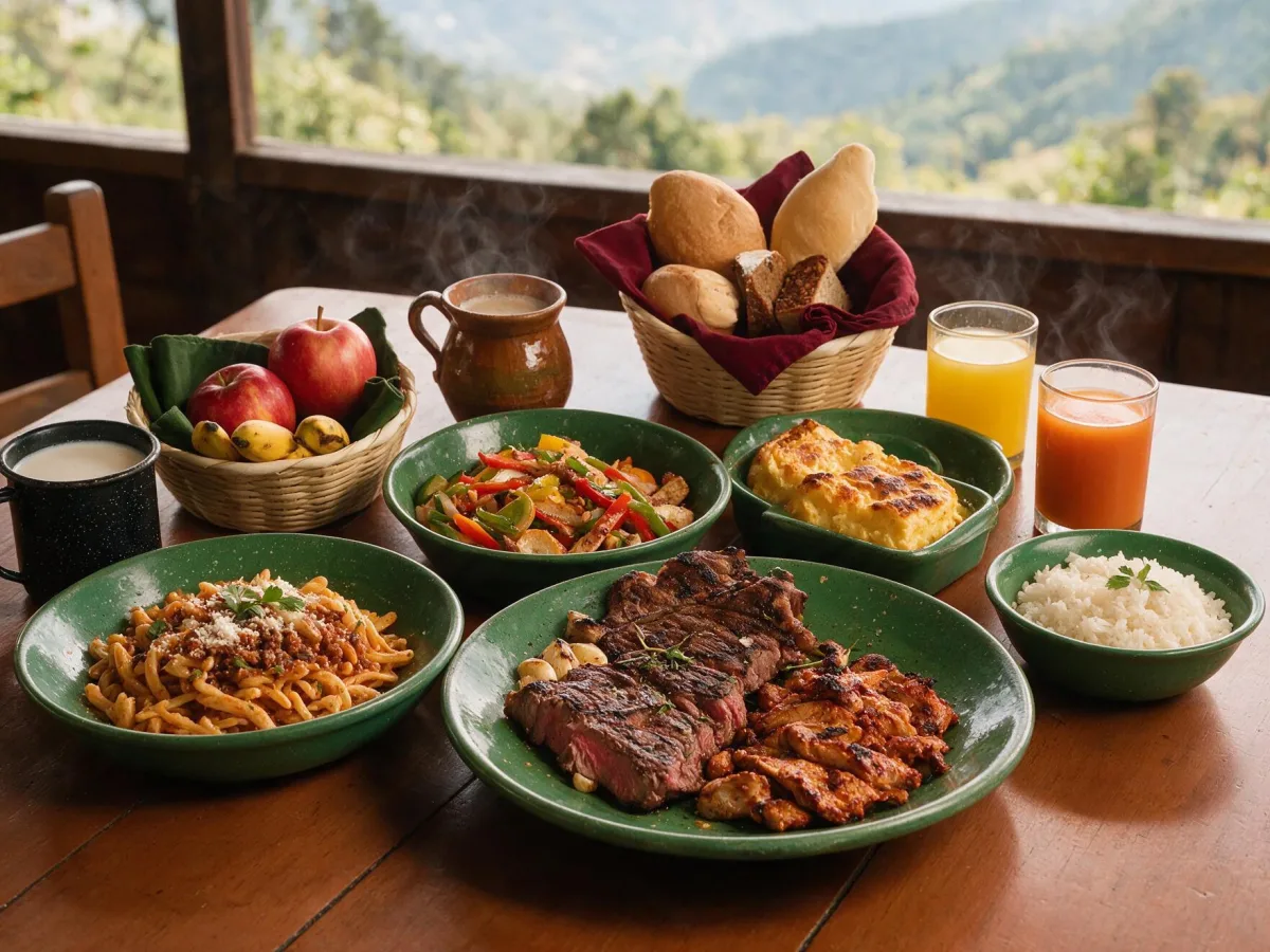 Grilled meats, fajitas, pasta, potato soufflé and rice served in green plates