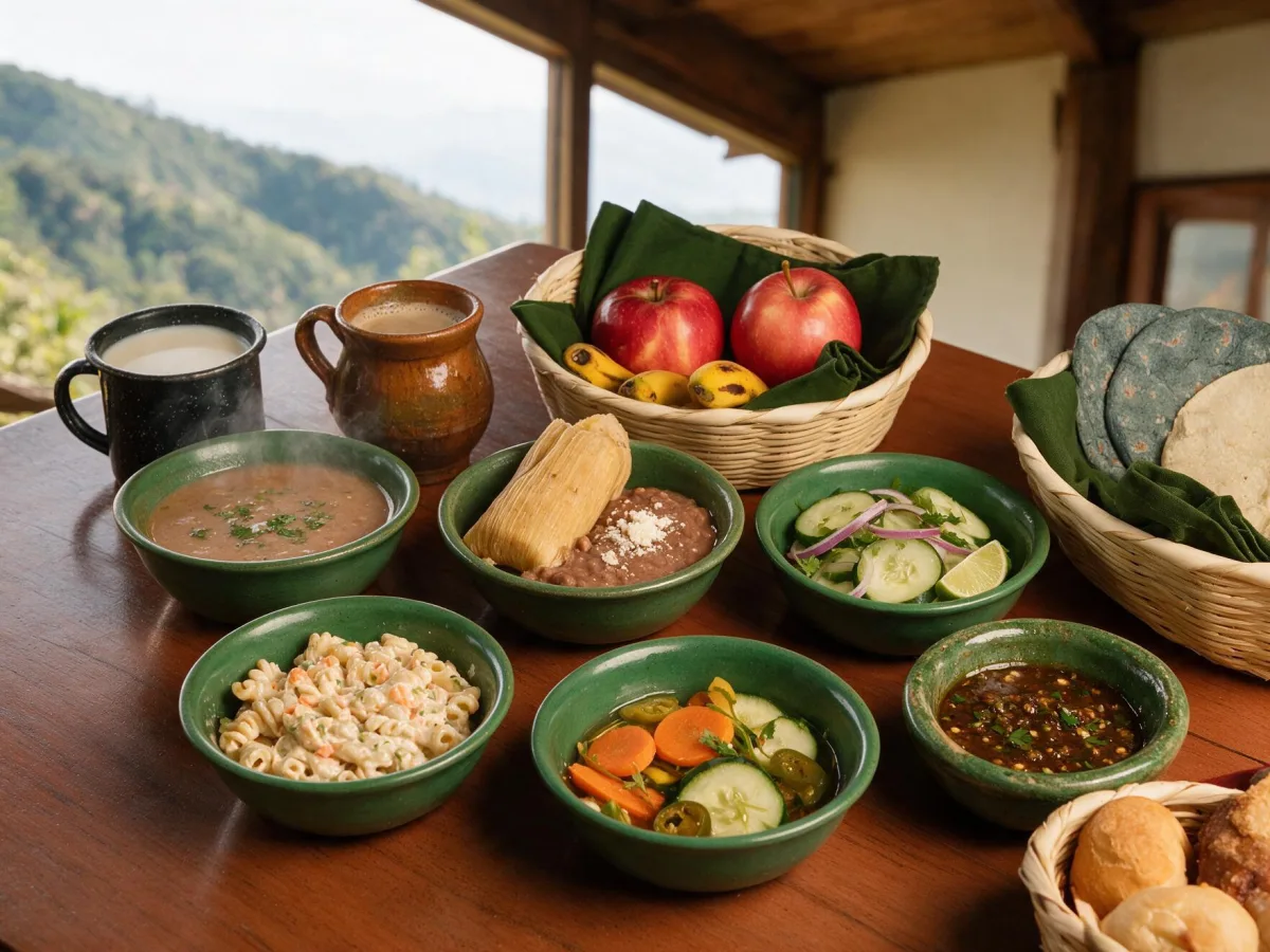 Bean soup, piloyada, cucumber salad, pasta salad and escabeche in green bowls