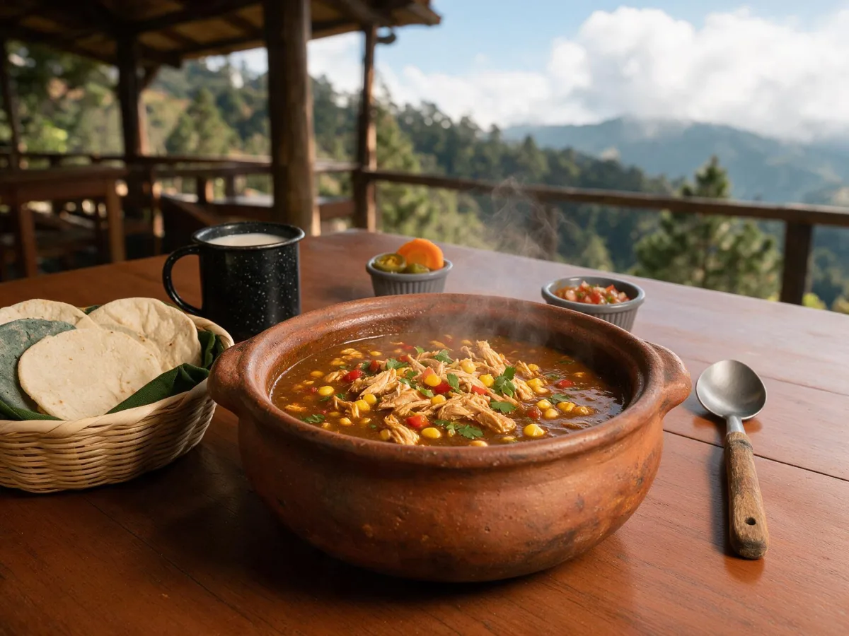 Guatemalan stew served in a clay cazuela with tortillas and pickled vegetables