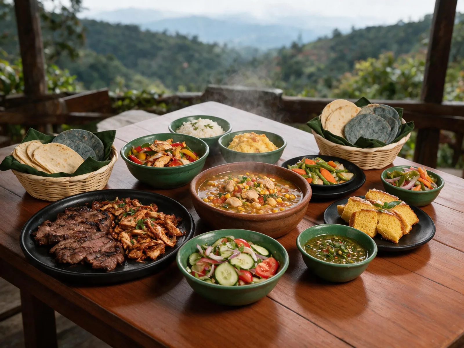 Lunch buffet table with meats, rice, vegetables, stews, salads and tortillas